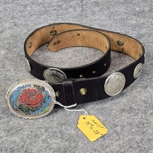 VTG‎ Jacobs Leather Western Belt Teens Small Black Concho Rose Buckle USA
